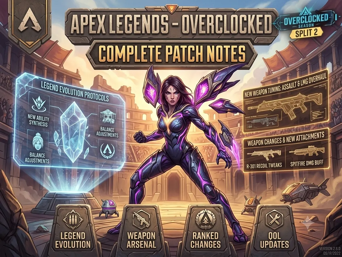 Apex Legends Overclocked Split 2 patch banner featuring Legend silhouettes and the new season logo
